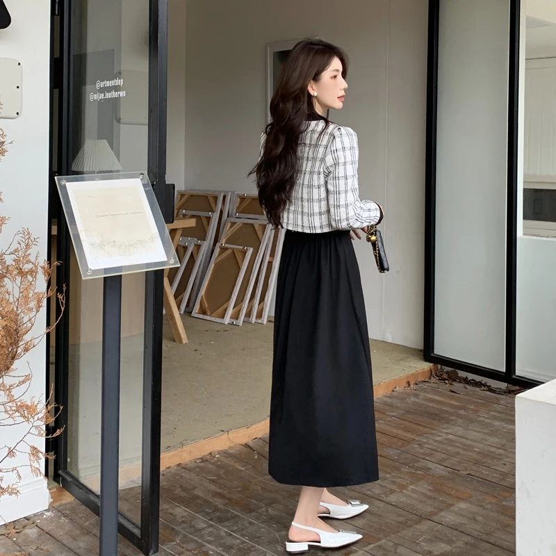 Office Ladies Autumn Winter Two Piece Set Women Sequins Plaid Short Jacket Top + High Waist Elastic Waist Pleated Skirt Suits