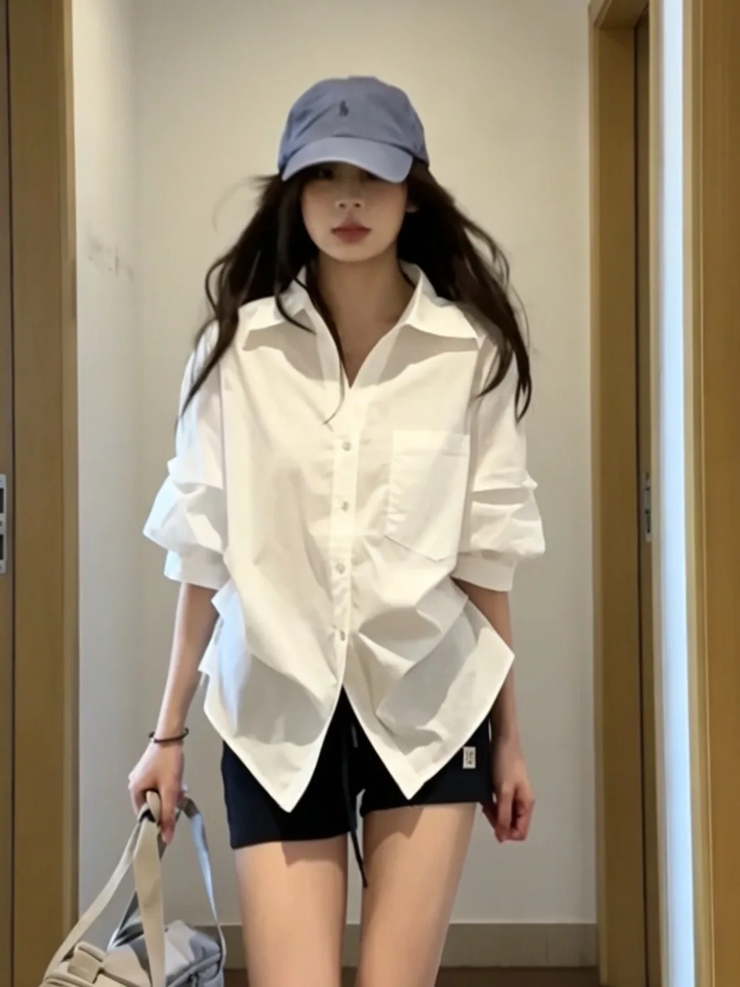 

White Collar Shirt Women Summer Loose Fit Pleated Slimming mid Sleeve T-Shirt Unique Exquisite Top French Style Cotton B...