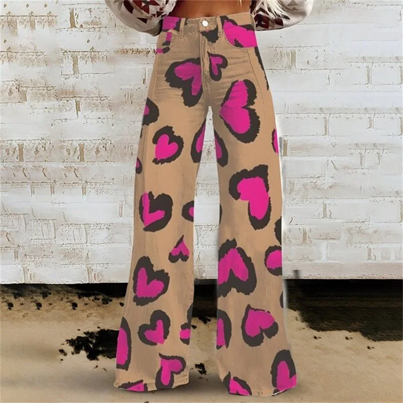 

2026 New women's trendy wide leg pants, 3D love printed american retro fashion high street wide leg pants