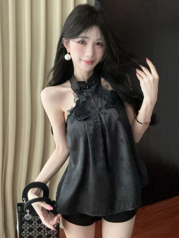 

Elegant Black Chinese Style Neck Hanging Top Women's Summer Design Sensation Small Beautiful Sleeveless Shirt Korean Style