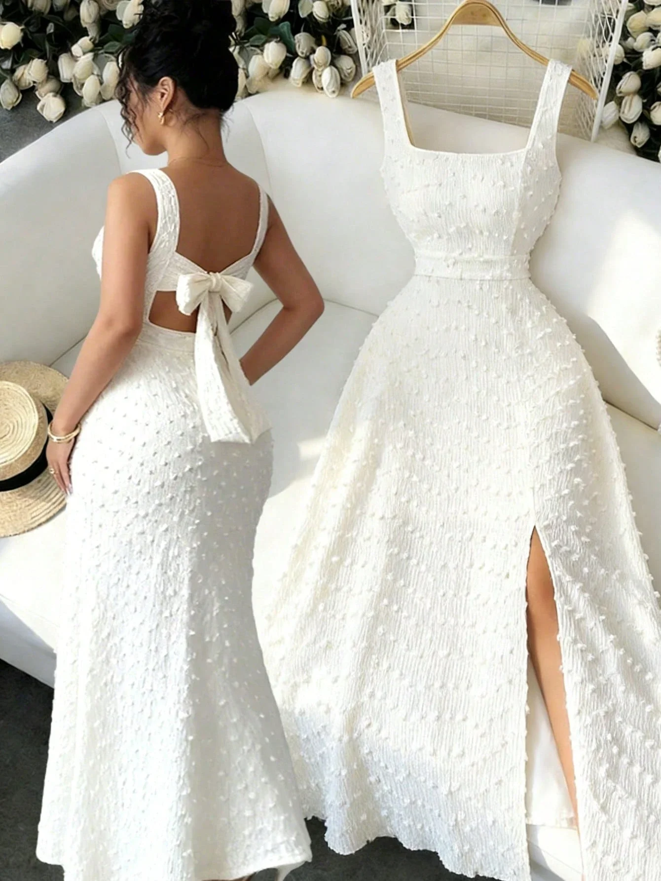 

Элегантное облегающее вечернее платье с квадратным вырезом, без рукавов, из фактурной вязки, с открытой спиной и бантом