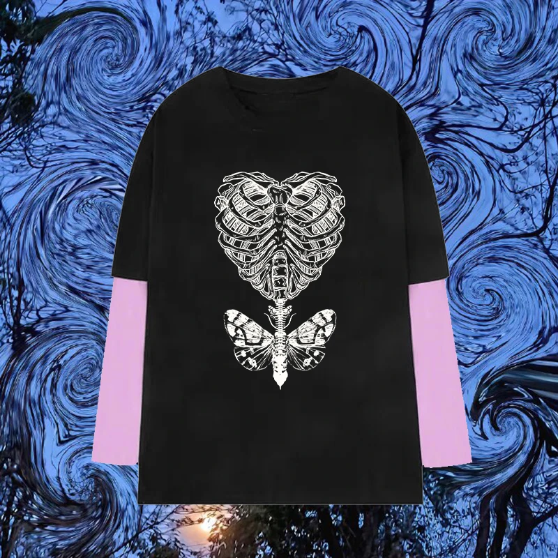

Fashion Harajuku Round Neck Classics Woman Top Retro Gothic Hip Hop Y2K Streetwear T-shirt Punk Creative Skull Pattern Print Tee