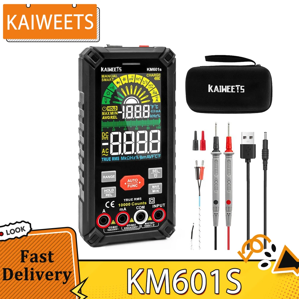 KAIWEETS KM601S Digital Multimeter 10000 Counts True-RMS Meter Smart Mode Manual Mode Rechargeable Battery Flashlight Auto-Lock