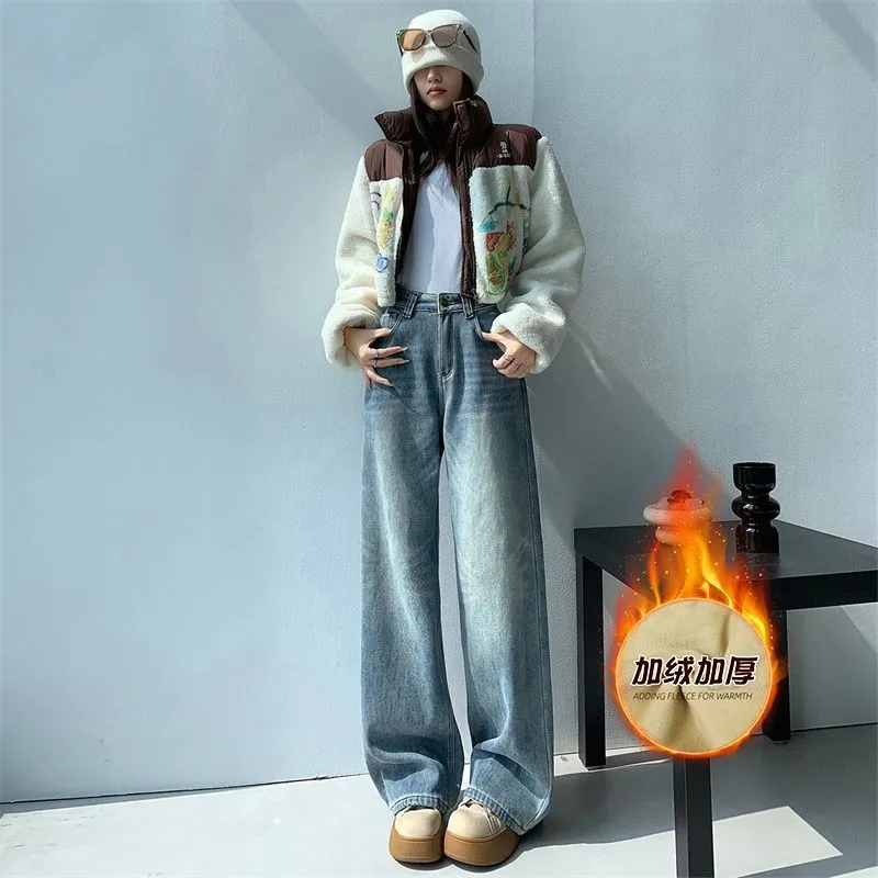 ZHISILAO Thick Winter Fur Jeans Women Vintage Baggy Wide Leg Straight Denim Pants Streetwear Winter 2024