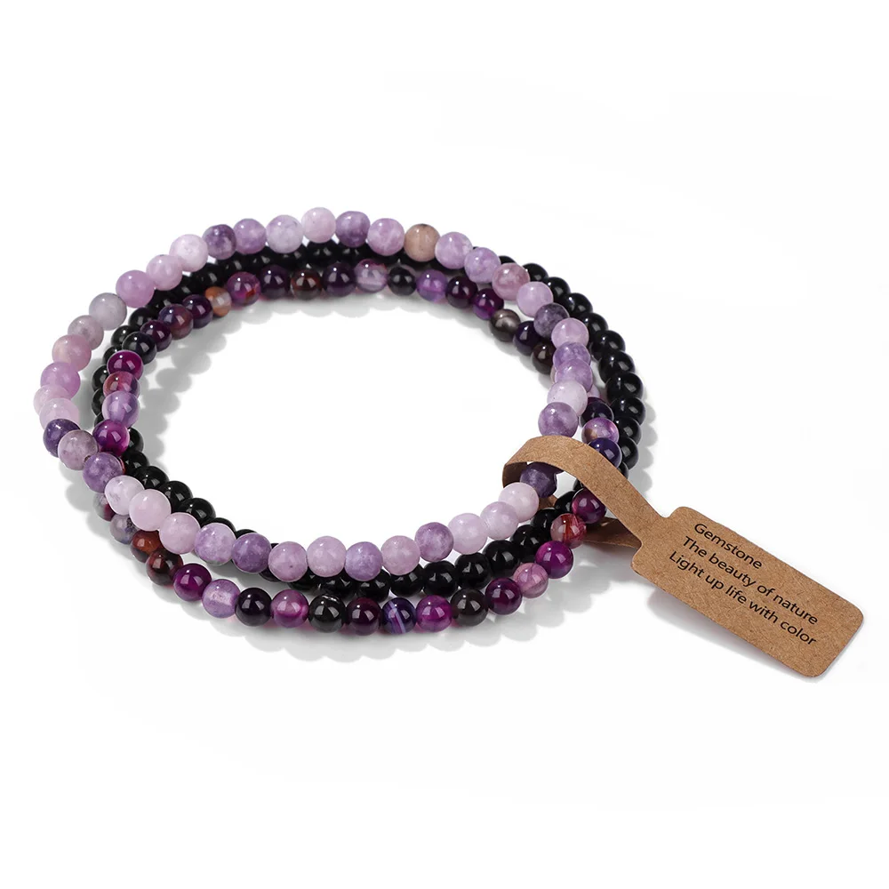 3pcs/set 4mm Purple Striped Agates Mica Beads Bracelets With Meaning Message Card Tag Natural Stone Bracelet Set For Women Men