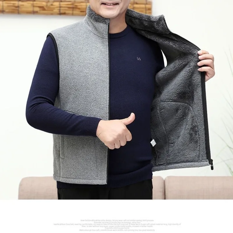 

Men's Solid Autumn Winter Turtleneck Letter Pockets Flocked Sleeveless Zipper Cardigan Coats Vests Fashion Casual Vintage Tops