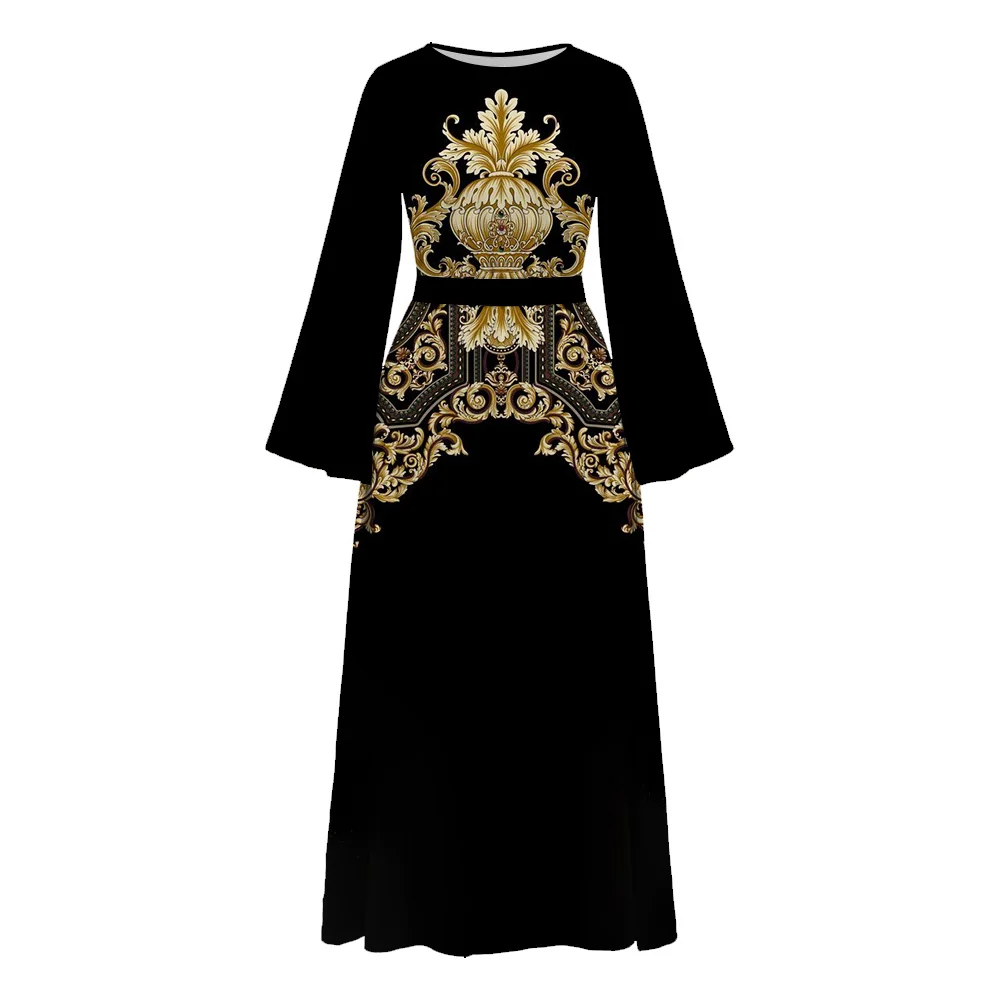 Demure Femme Abaya Detachable Belt Muslim Ramadan Islamic Clothing Turkey Dubai Black Abaya Women Round Neck Printing Abaya