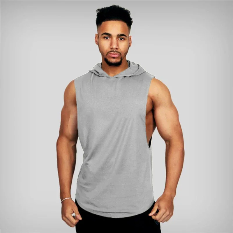 Summer New Brand Solid Color Casual Fashion Hooded Mens Gym Sports Bodybuilding Fitness Workout Tank Top