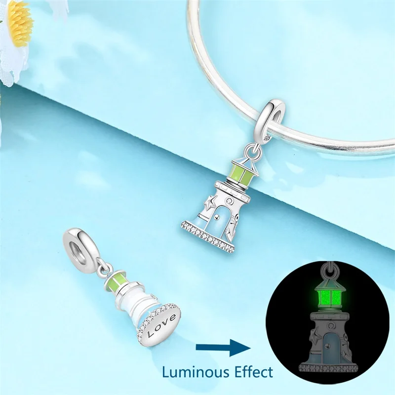 New 925 Sterling Silver Glow Lighthouse Charms Bead CZ Zircon Dangle Fit 3mm Original Bracelet DIY Women Birthday Party Jewelry