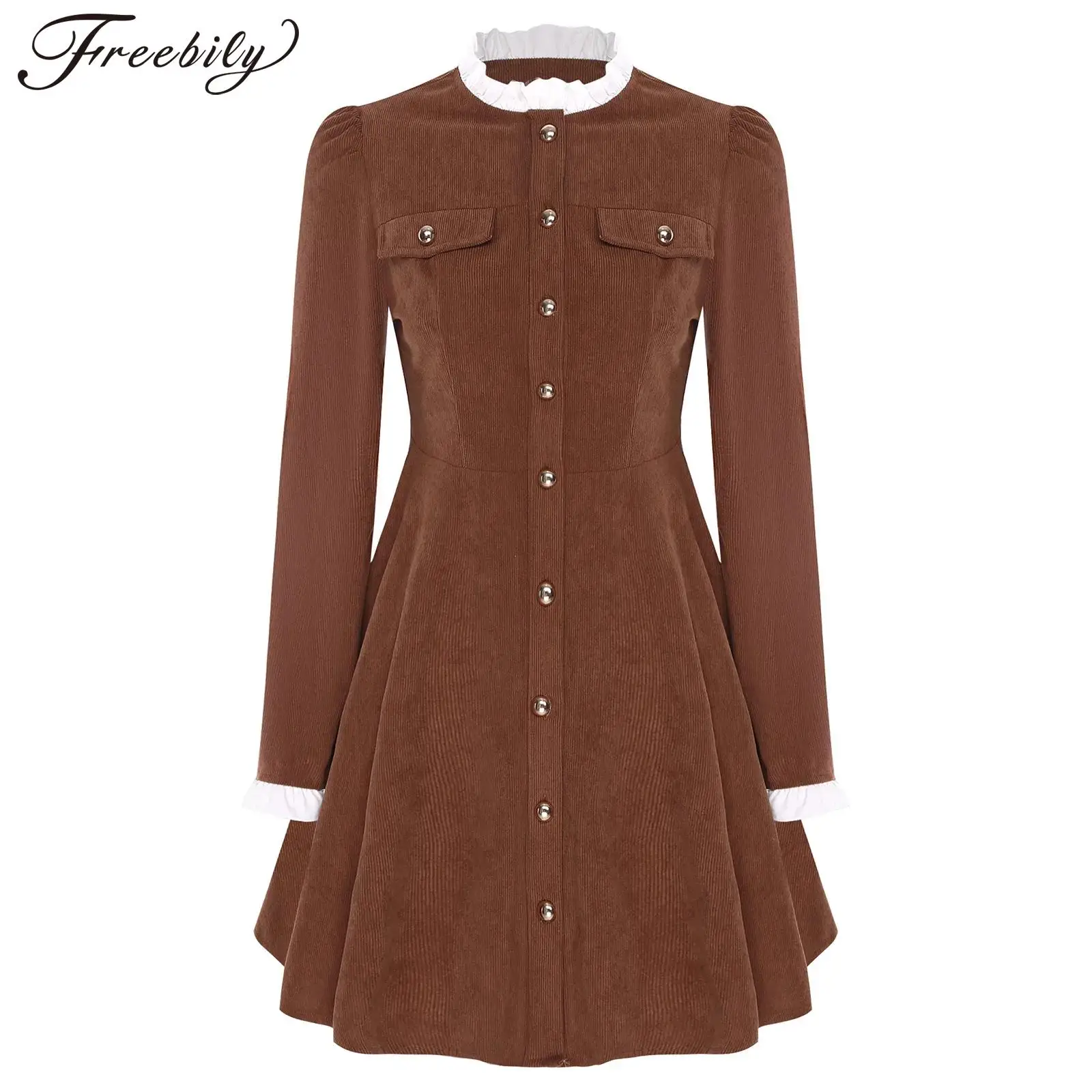 

Женское платье трапециевидной формы на пуговицах, элегантное вельветовое платье с рюшами и отделкой, вечерние повседневные повседневные платья, женская осенняя одежда с длинными рукавами