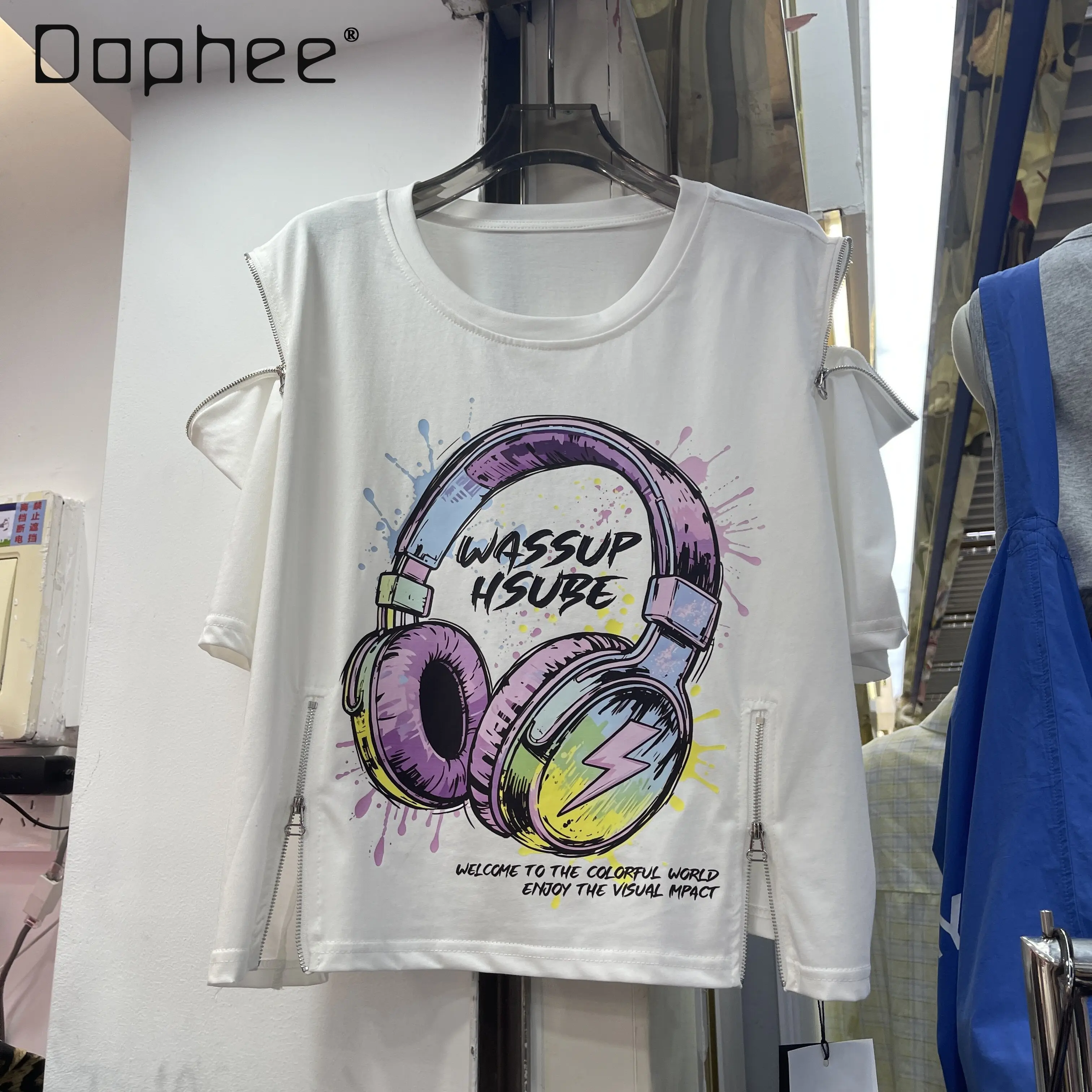 

American Graffiti Color Earphones Tie-dye Short-sleeved T-shirt Women's 2026 Trend Loose Cotton Summer Top