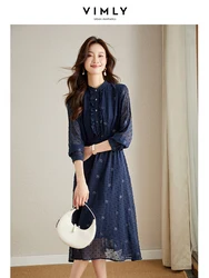 Vimly Embroidery Floral Chiffon Dresses for Women 2024 Spring Autumn Long Sleeve Elastic Elegant Midi Dress Women's Clothing