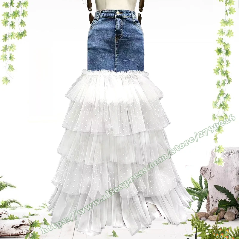 Korean 2025 Style Denim Skirt Mesh Spliced Fishtail Maxi Skirts for Women Long A-Line Skirt