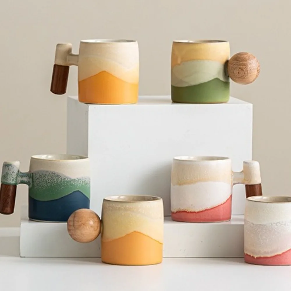 

New Creative Ceramic Coffee Mug 70ML Microwave Dishwasher Safe Coffee Cup Handmade Wood Handle Water Cup Milk Cocoa Hot Tea