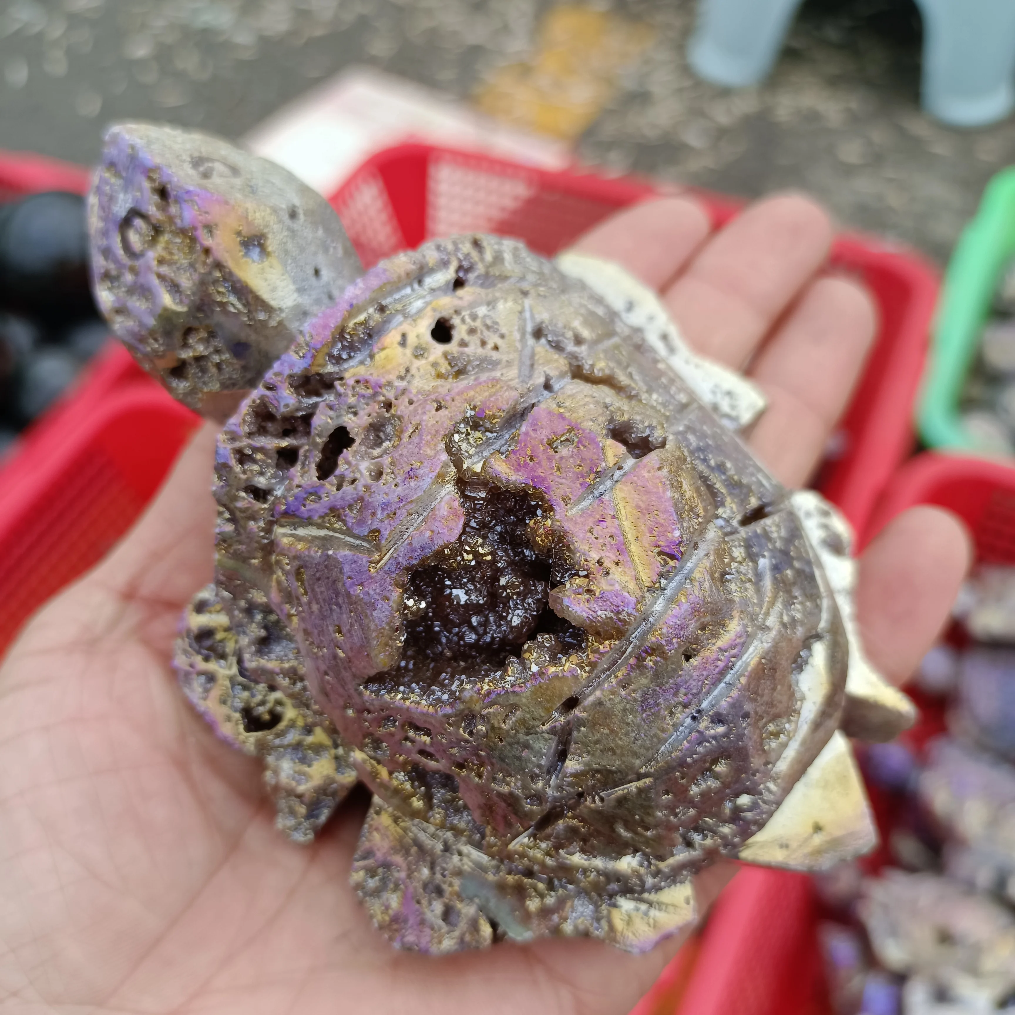 

Electroplated Natural Sphalerite Hand Carved Tortoise Quartz Crystal Mineral Specimen, Reiki Healing Meditation Gem