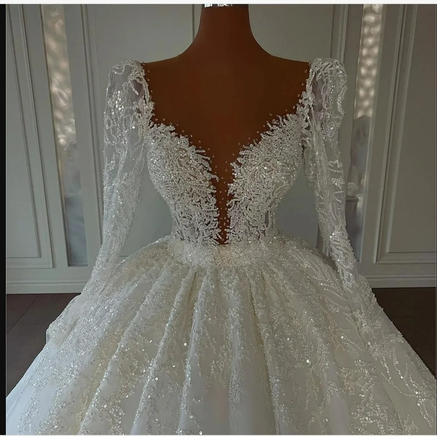 Vestidos De Novia con cuello transparente personalizado, cuentas brillantes, lentejuelas, vestido De Novia De manga larga, Vestidos De Novia Vintage