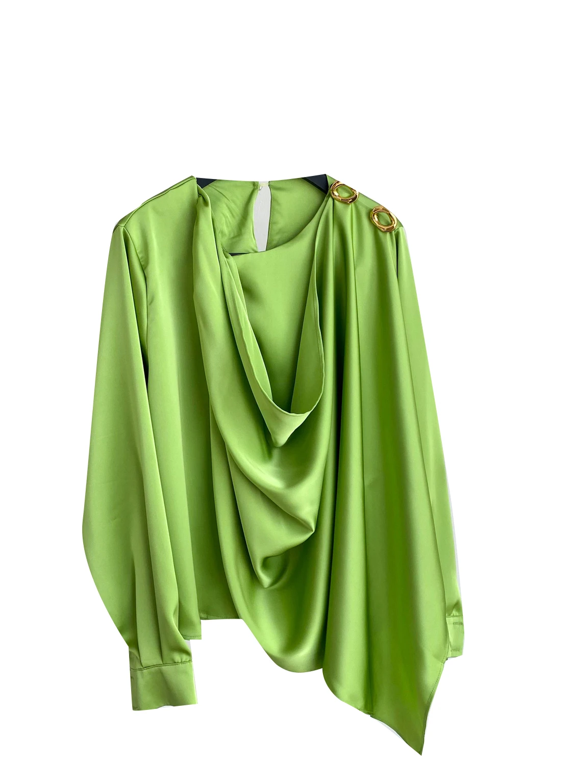 

Ele Long Sve Satin irt Женский модный дизайн Metal Bule Splice irt Модный корейский свободный крой для поездок на работу...