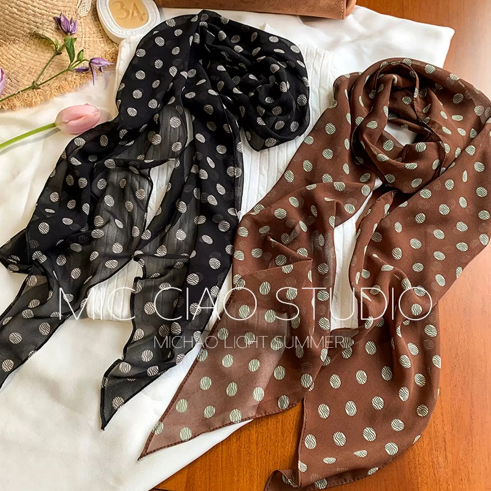 Vintage-Chiffon-Schal mit Polka-Dot-Muster für Damen, leichter, transparenter Halstuch, elegantes Modeaccessoire für den täglichen Gebrauch im Sommer und für Outfits – Detail 9
