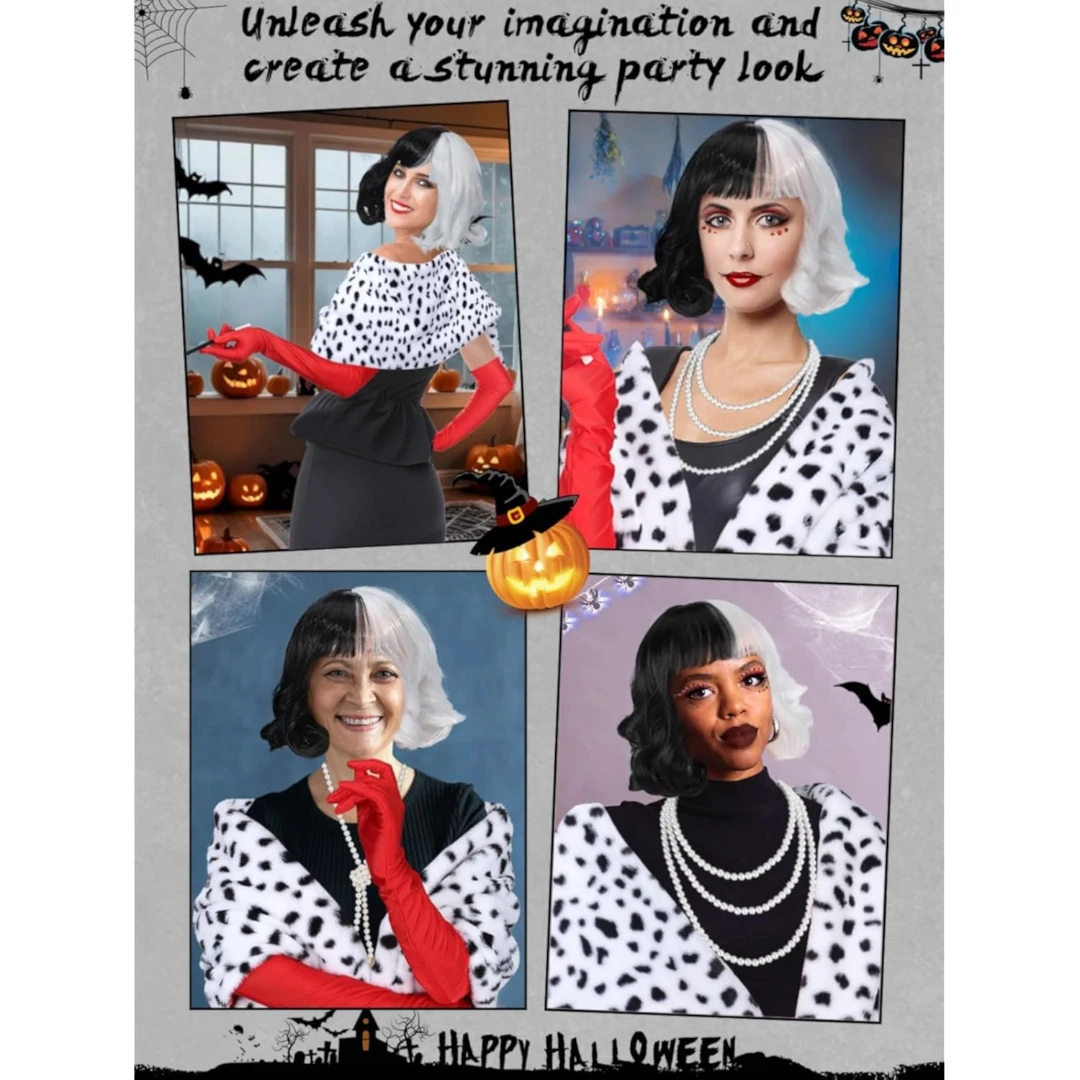 Halloween Costumes for Women - Black and White Wig with Shawl Scarf, Red Gloves, Faux Pearl Necklace, Long Holder, and Wig Cap