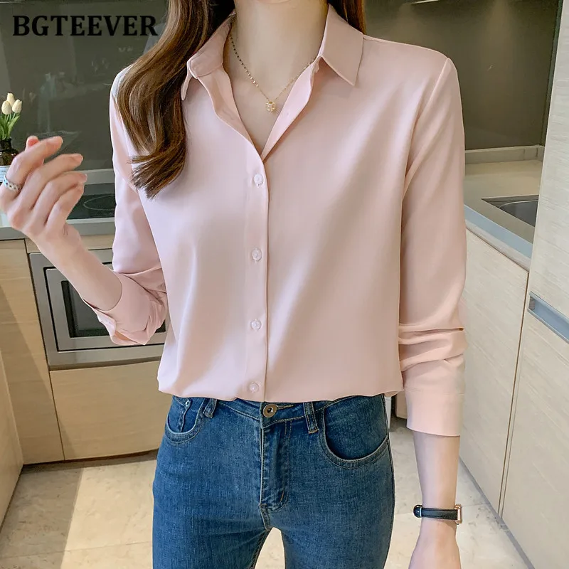 

BGTEEVER Vintage Loose Single-breasted Female Solid Shirts Spring Fashion Lapel Full Sleeve Women Satin Blouses Ladies Tops