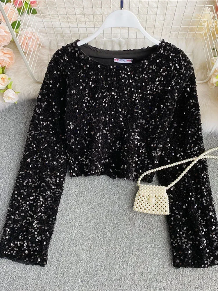 Women Spriong Autumn T Shirts Sequins O-Neck Long-sleeved Tee Temperament Young Lady Sweet Short Crop Top Female GX1165