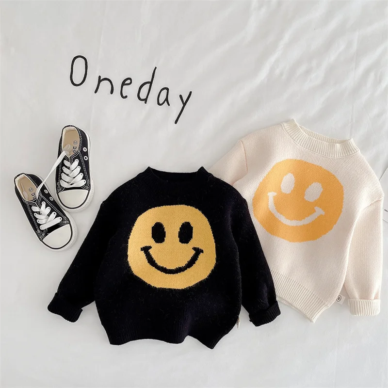 

Smiley Kids Knitted Sweater Autumn Winter New Warm Pullover Baby Girl Boy Cotton Knit Clothes Infant Jumper Sweater Letter Solid