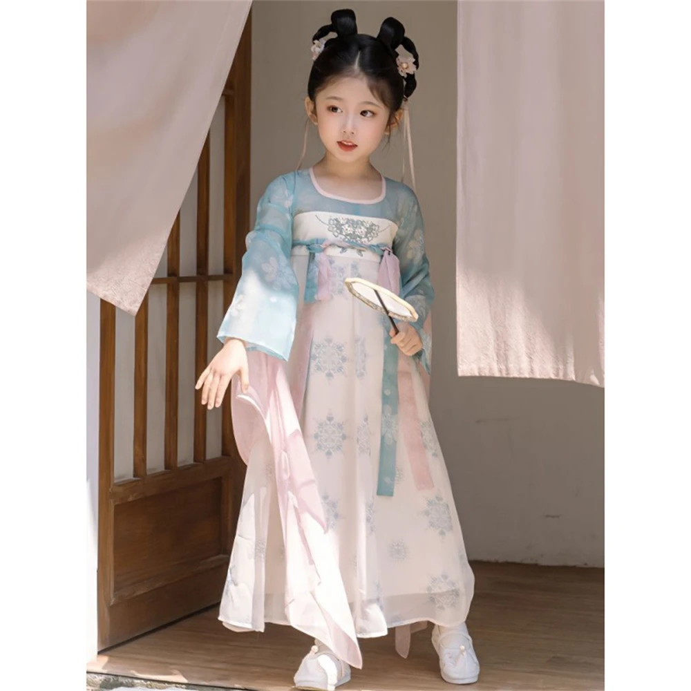 Hanfu Girls Spring Summer Thin Chic Chinese Traditional Printed Dress Children\'s Vintage Tang Suit Super Fairy Dance Dresses New