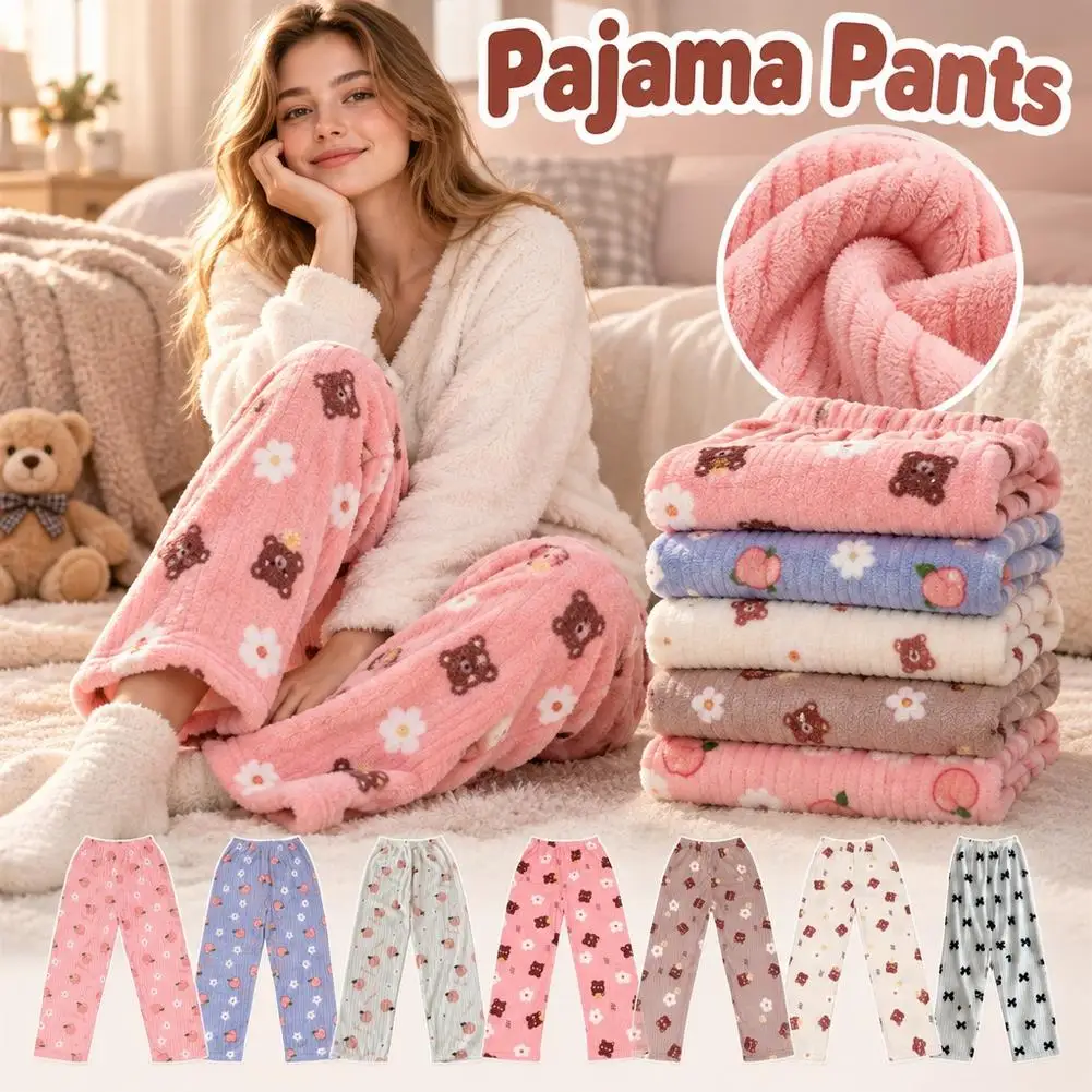 Thick Warm Fleece Pajama Pants Women Winter Coral Flannel Thermal Sleepwear Trousers Cute Bear Casual Loose Lounge Bottoms Home