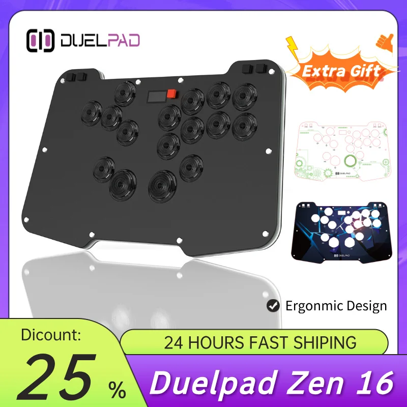 

Duelpad Zen16 Эргономичный безрычажный эргономичный универсальный/безклеенный аркадный контроллер без рычага для ПК/NS/PS4