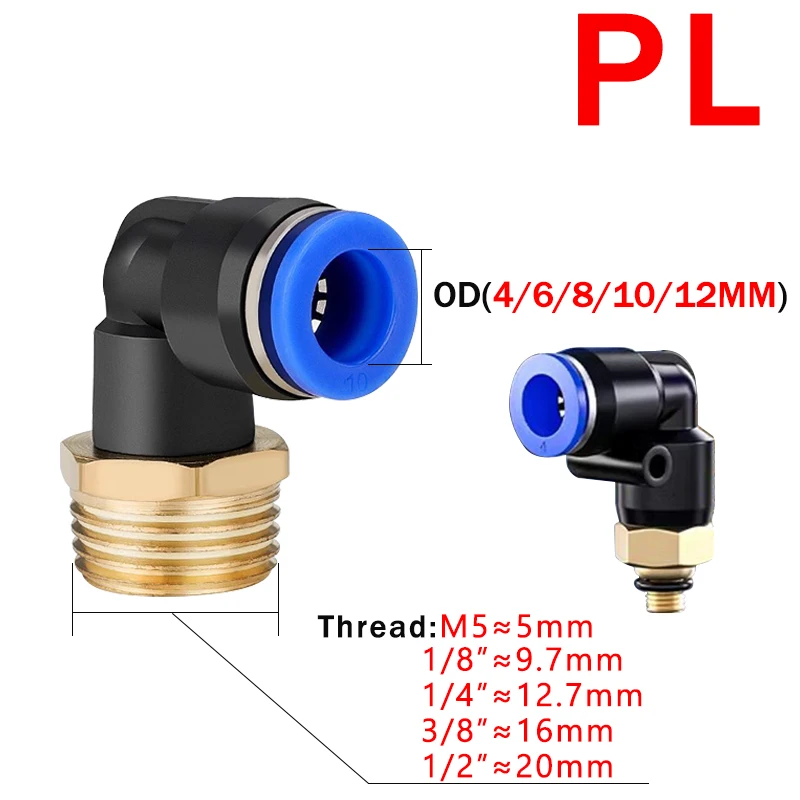 Pneumatic Air Connector Mangueira, Quick Connector, Trachea Cotovelo, PL 4, 6, 8, 10, 12mm Rosca, 1/8 pol, 1/4 pol, 3/8 pol, 1/2 pol, 20 PCs, 50