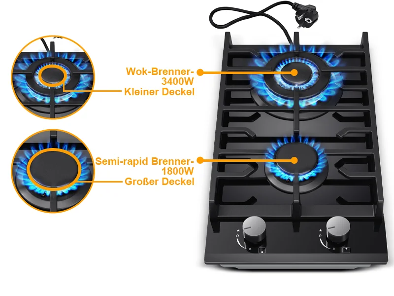 EU-zertifiziertes 2-Flammen-Gaskochfeld 30 cm aus gehärtetem Glas | Eingebautes Gusseisen-Regal, Dual-Fuel (NG/LPG), 5200W, Flammenausfallschutz, Schwarz – Detail 6