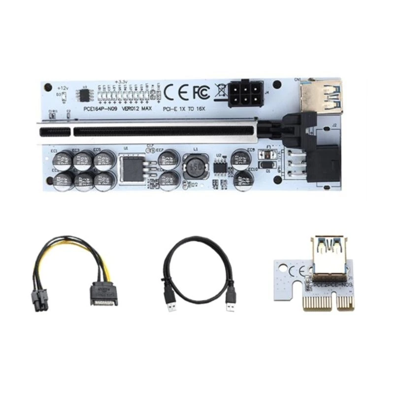VER012 USB PCI-E Riser Card Cable PCIe 1X to 16X Adapter 10 Capacitors 6Pin Power 13 LEDs for Bitcoin Miner Best Sale