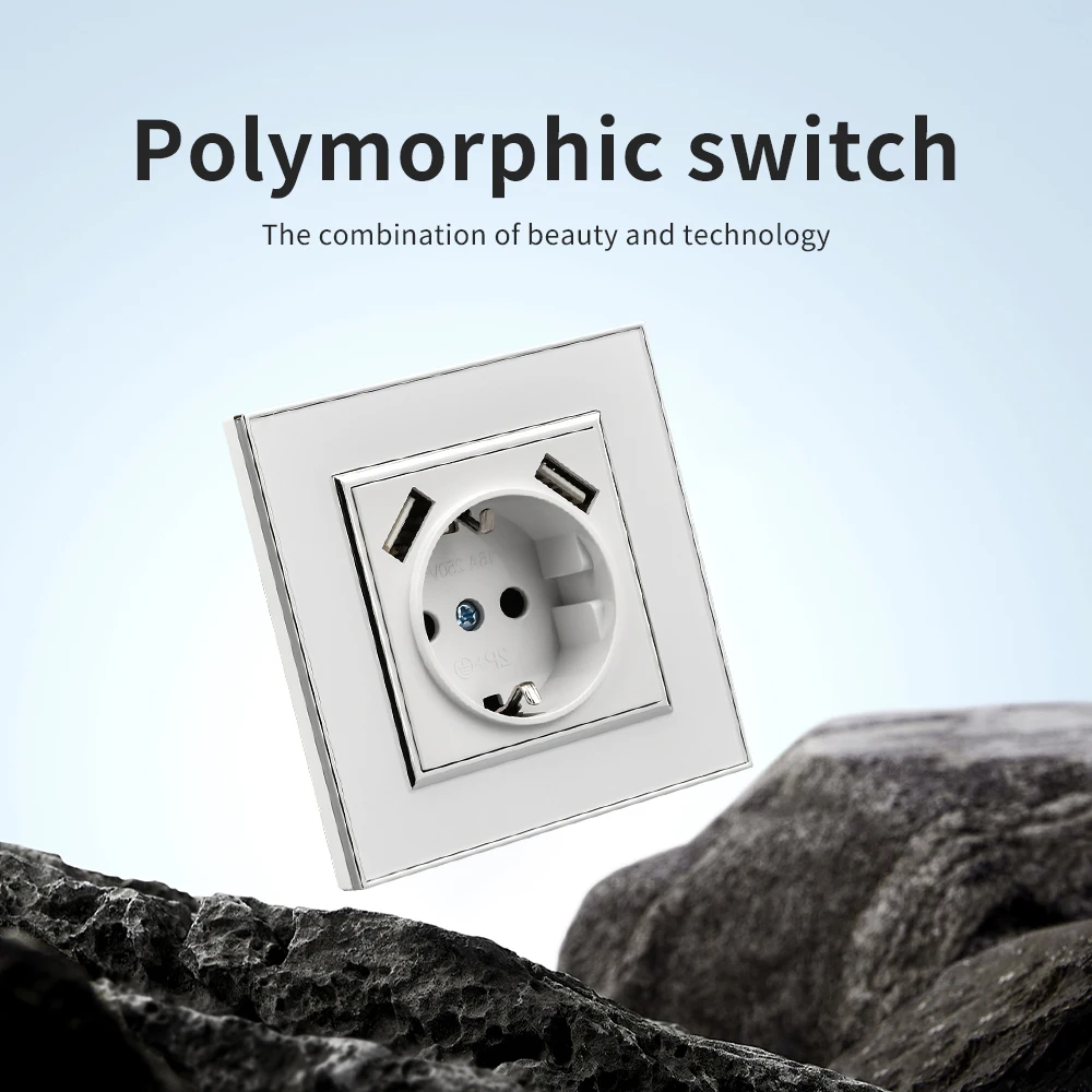 لوحة أكريليك بيضاء 250 فولت مع مقابس طاقة USB مثبطات اللهب الأرضية منافذ كهربائية مقبس حائط قياسي كلاسيكي من الاتحاد الأوروبي #2