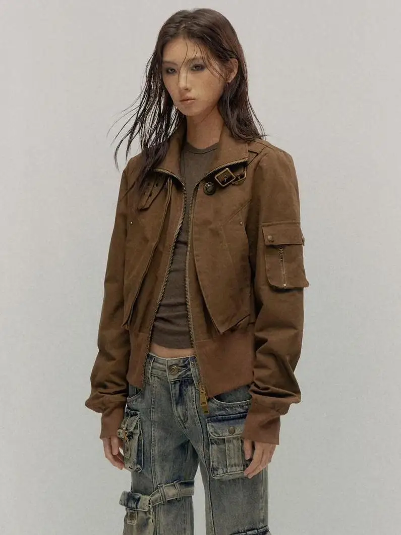 Jaren 2000 Amerikaanse Vintage Safari Jassen met Capuchon Vrouwen Rits Sweatshirts Casual Streetwear Grunge Jas Y2k Stand Hals Harjauku