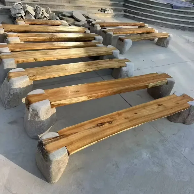 Newest Design Wabi Sabi Style Wooden Stone Garden Park Benches
