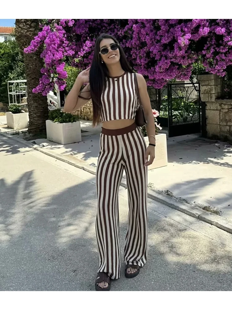 

Ladies Casual 2024 Summer Knitted Striped Print Long Pants Womens High Waist Elastic Coffee Color Trousers