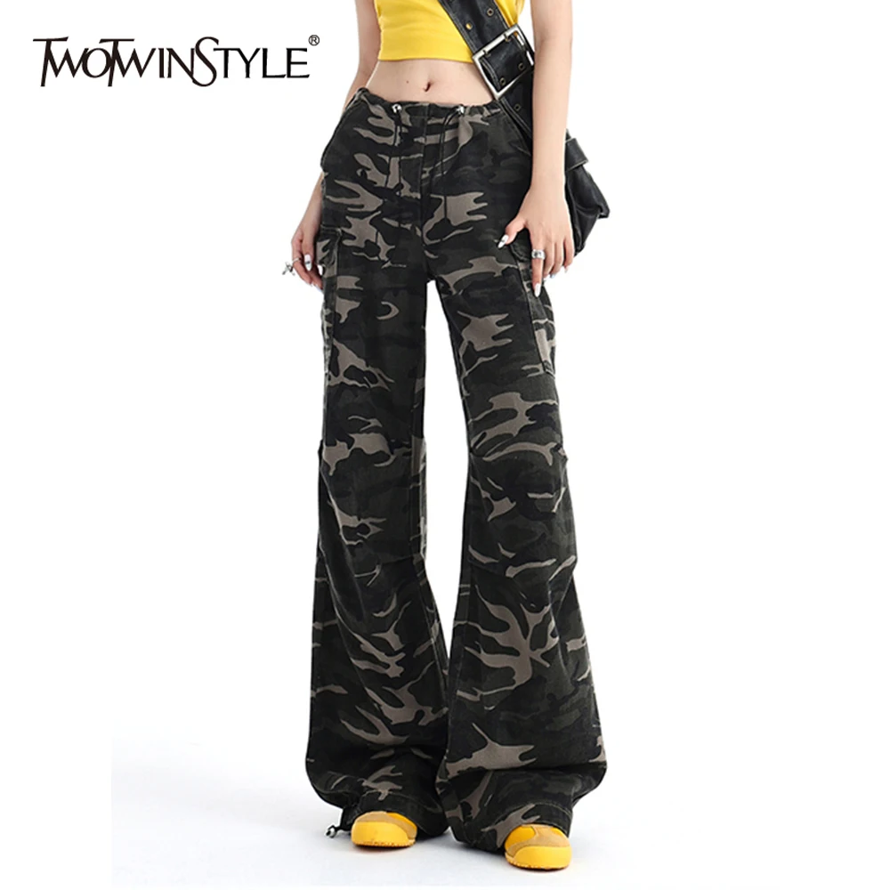 TWOTWINSTYLE Colorblock Camouflage Pants For Women High Waist Patchwork Drawstring Streetwear Loose Cargo Pant Female Style New