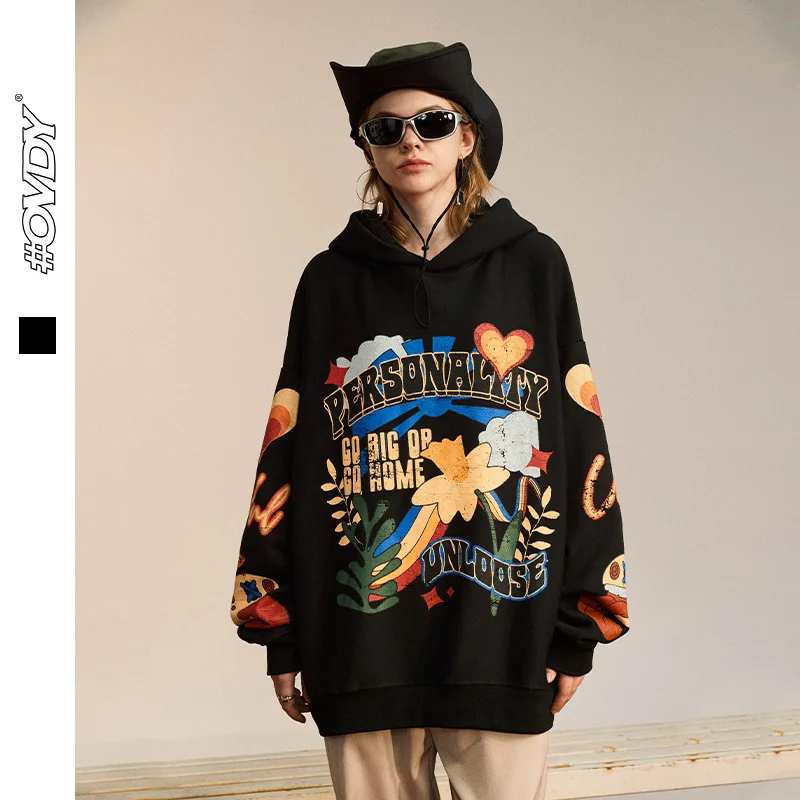 Women Sweater Men Punk Y2K Flower Hoodie Fashion Retro Oversize Sports Pullover Couples Student Outdoor Casual Tops Colthes