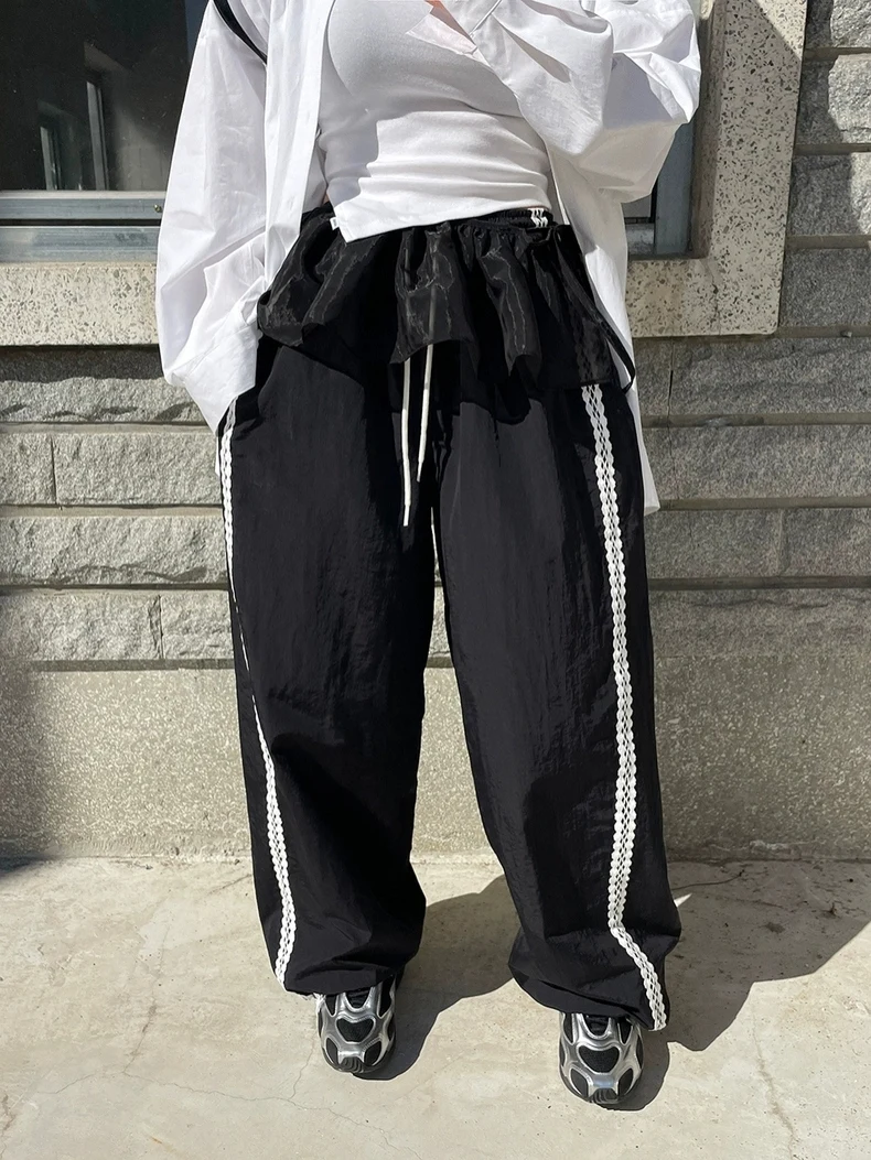 Casual Patchwork Sports Pants Women's Sided Lace Trim Elastic Waist Loose Straight Leg Cuffed Long Trousers Trendy Polyester