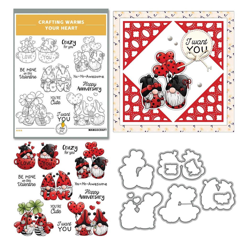 Mangocraft Love Hearts Cute Gnome Cutting Dies Clear Stamp DIY Scrapbooking Metal Dies Silicone Stamp For Cards Albums Decor