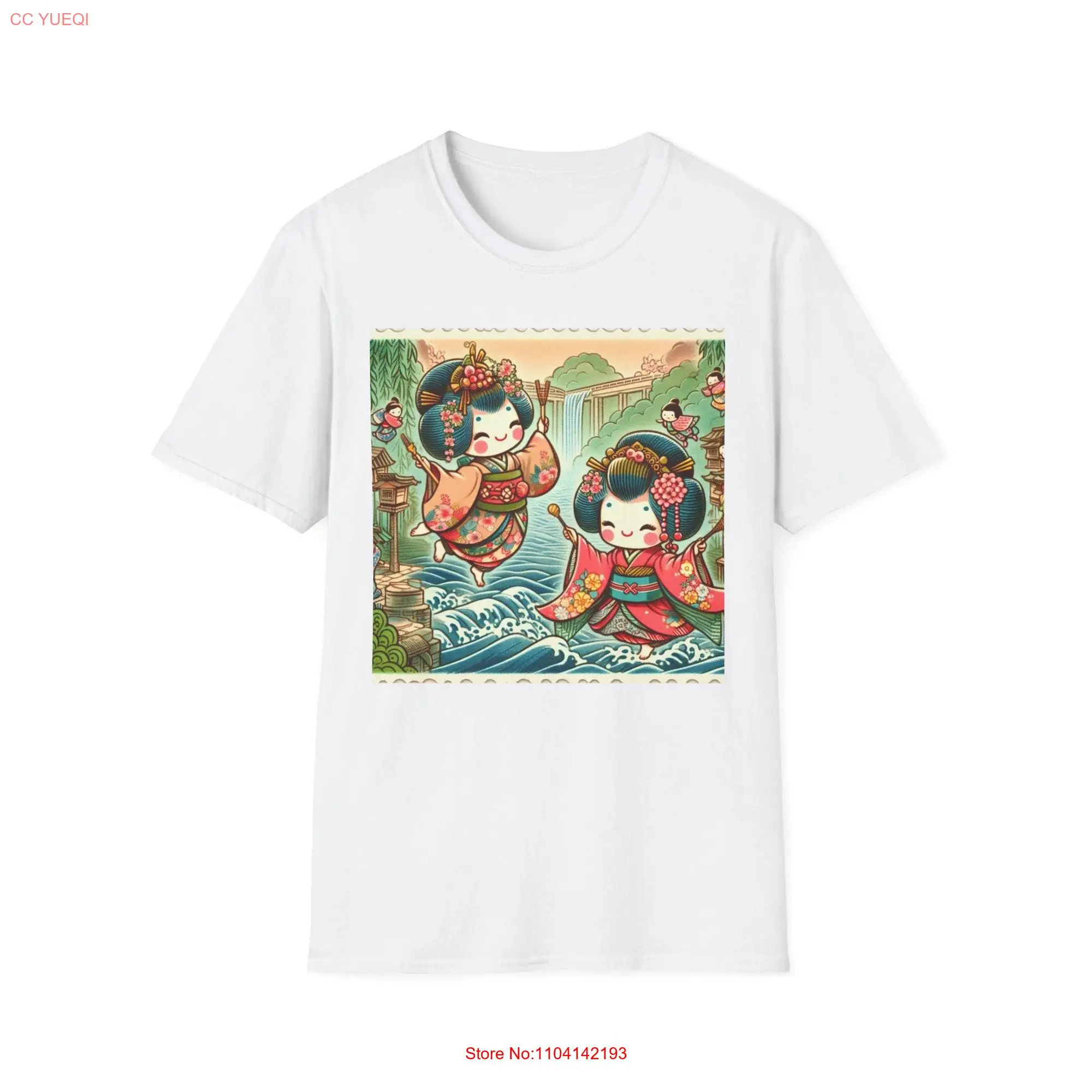 Vibrant Kabuki world pops back to life as cute stamp like art Softstyle T Shirt long or short sleeves