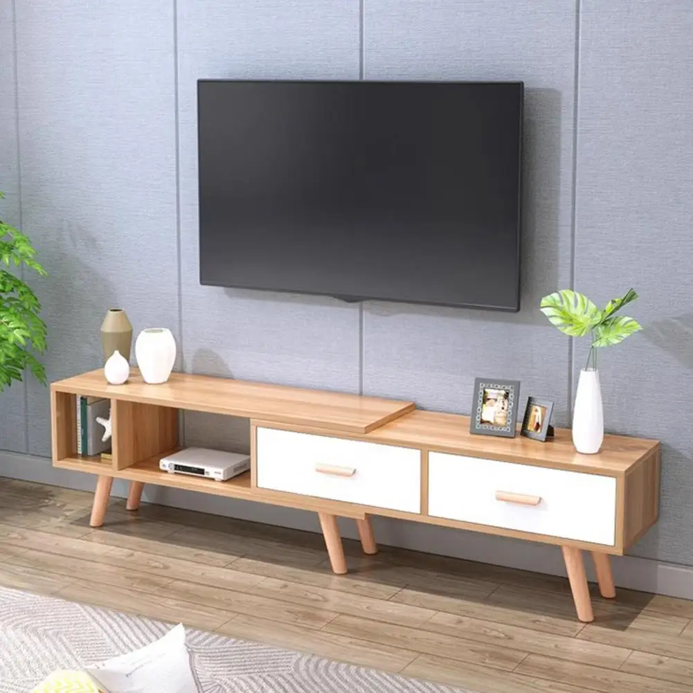 Wooden TV Stands Retractable Television Stand With Solid Wooden Leg Modern Entertainment Center TV Console Table For Living Room