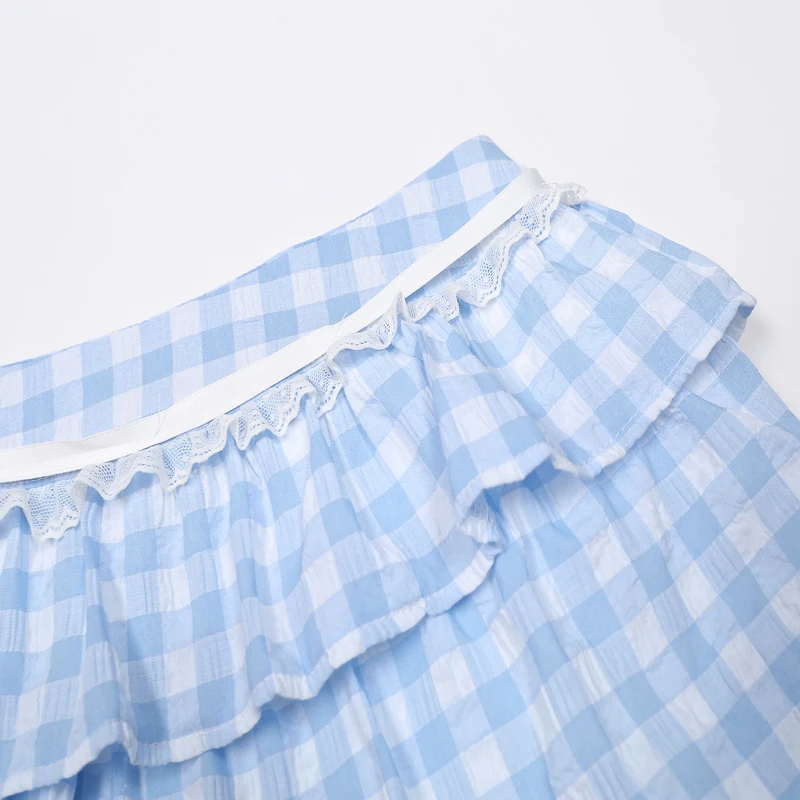 Ballet Style Lace Check Striped Short Skirt Ladies Summer High Waist Slim A Letter Drawstring Skirt Blue