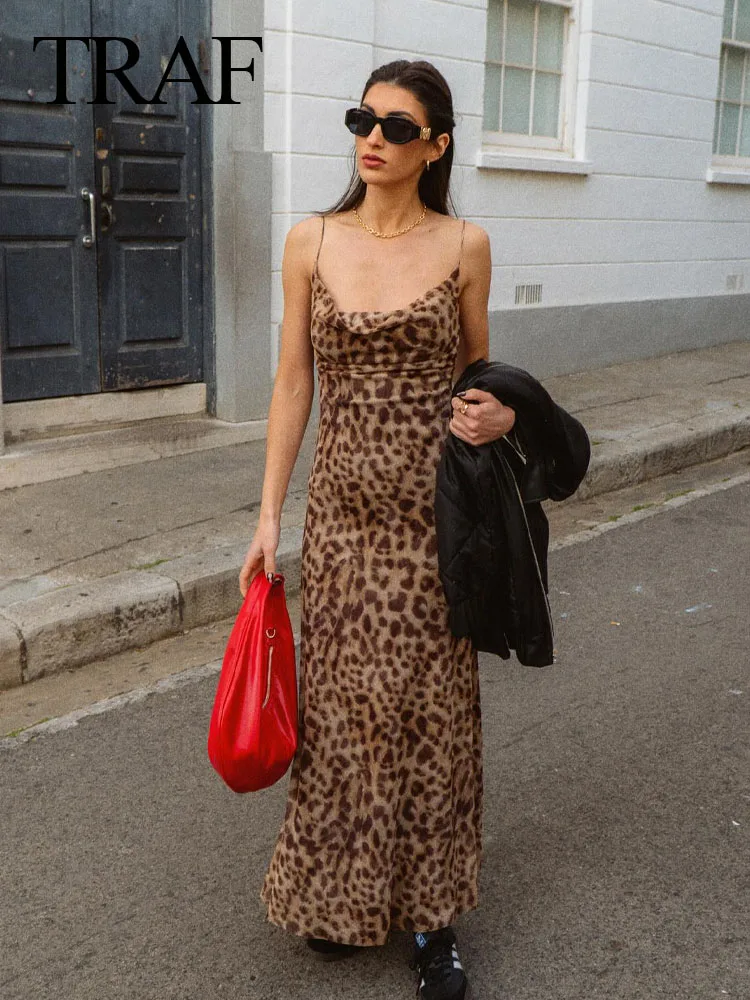 TRAF 2024  Woman Vintage Fashion Slim Beach Party Long Dress Women Leopard Printed Sleeveless Backless Suspender Dress Street