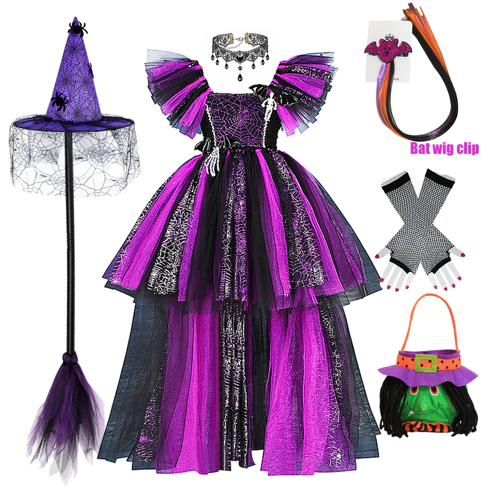 Halloween Witch Costume for Kids Girl High Low Disguise Mesh Dress Vampire Cosplay with 3D Skeleton Fancy Carnival Dress Up Part