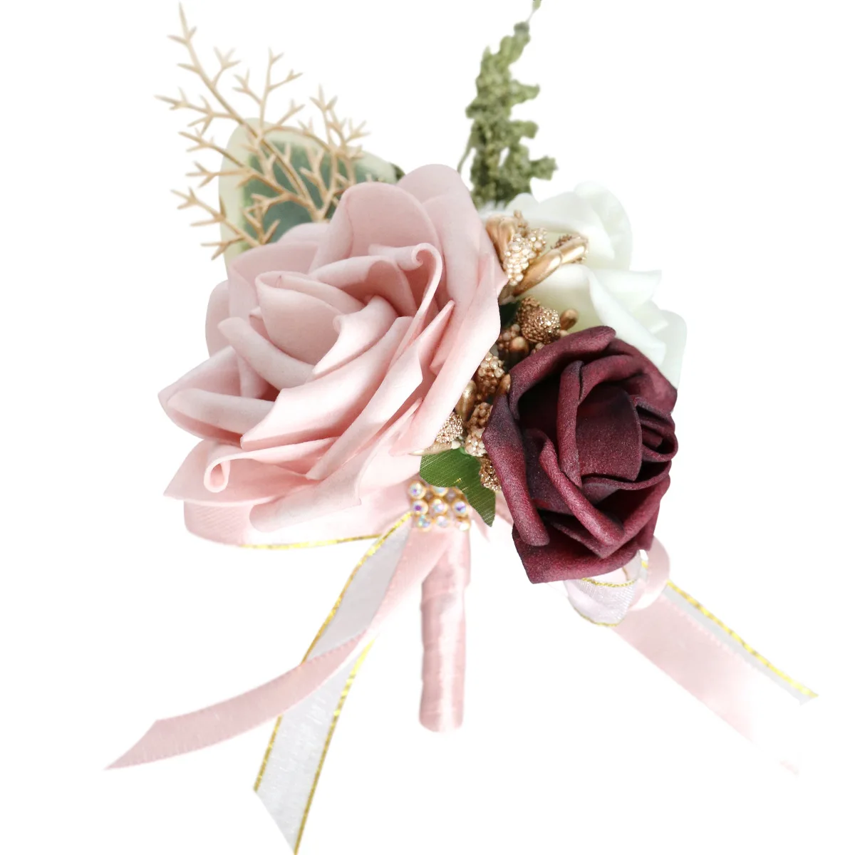 Broche rosa de PE para hombre, ramillete de boda para damas de honor, Boutonniere, pulsera, flores de muñeca, boda, ramillete de invitados, flores