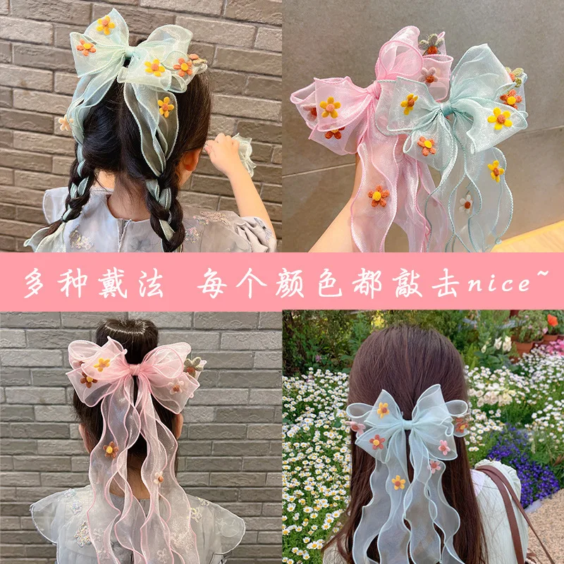 Multi Layer Flower Gauze Bowknot Hair Clip Children's Long Ribbon Braided Hair Ornaments Little Girl's Hairpins Headwear