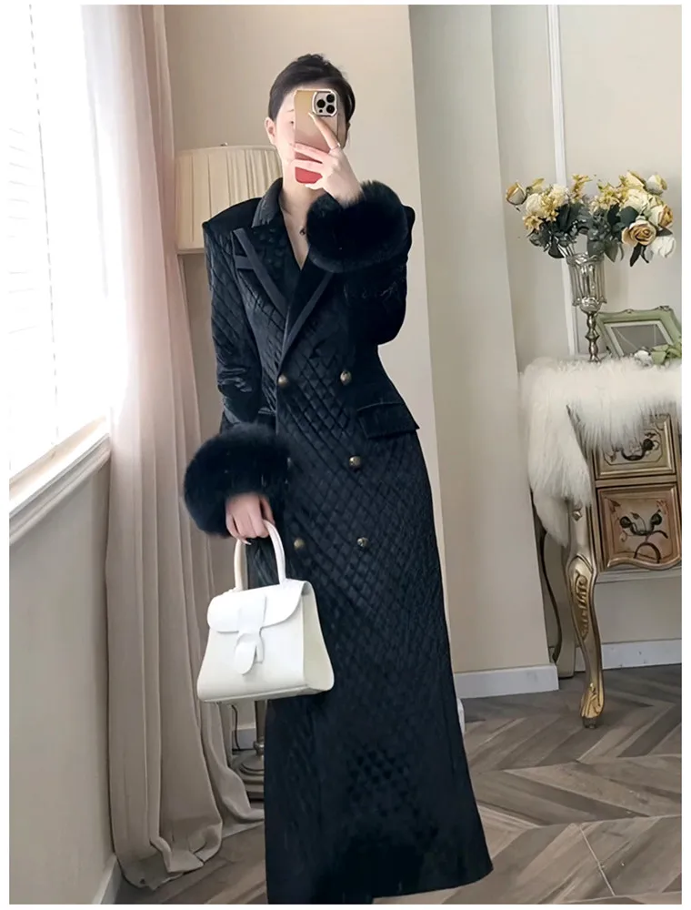 2023 Autumn Winter New Fashion Elegant Wool Sleeves Diamond Pattern Over knee long Coat for women Thickened Warm Overcoat Y4334