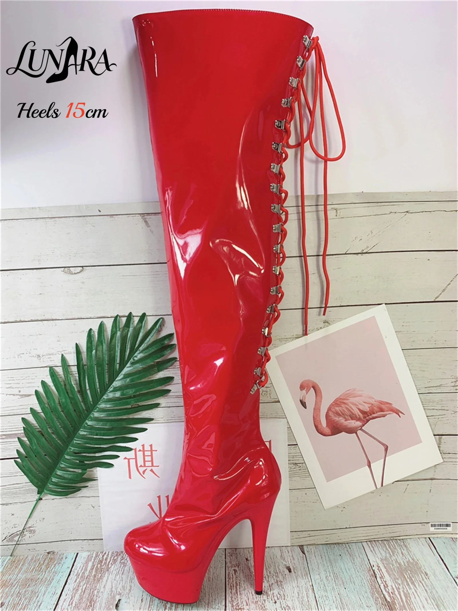 15cm/6Inch Red Patent High Heel Thigh High Boots Side Lace-Up Zipper Edgy Gothic Performance Pole Dance Ladies Rave Stage Fetish