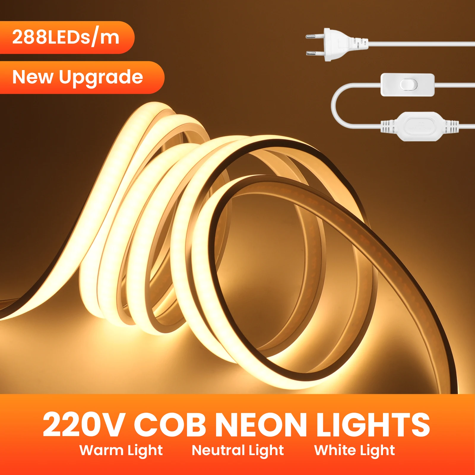 220V COB LED Strip Neon LED Tape High Brightness Outdoor Lights Waterproof Flexible Neon Light LED COB Strip With Switch EU Plug